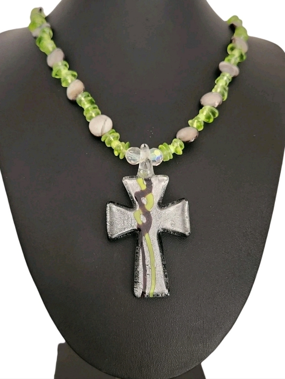 Art Glass Cross Pendant Necklace Green Glass Chip & Shell Beads 19"
